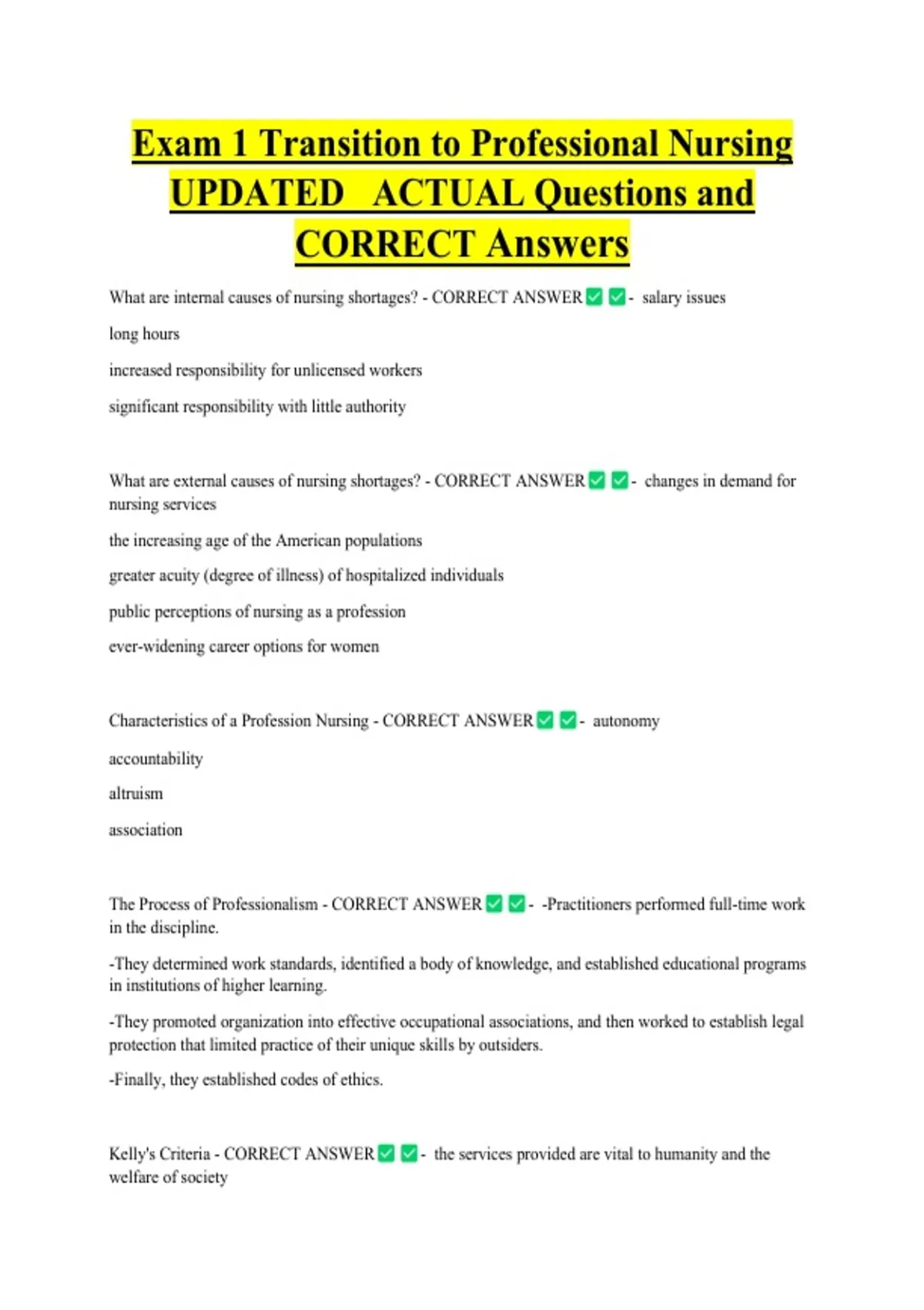 Exam 1 Transition to Professional Nursing UPDATED ACTUAL Questions and ...