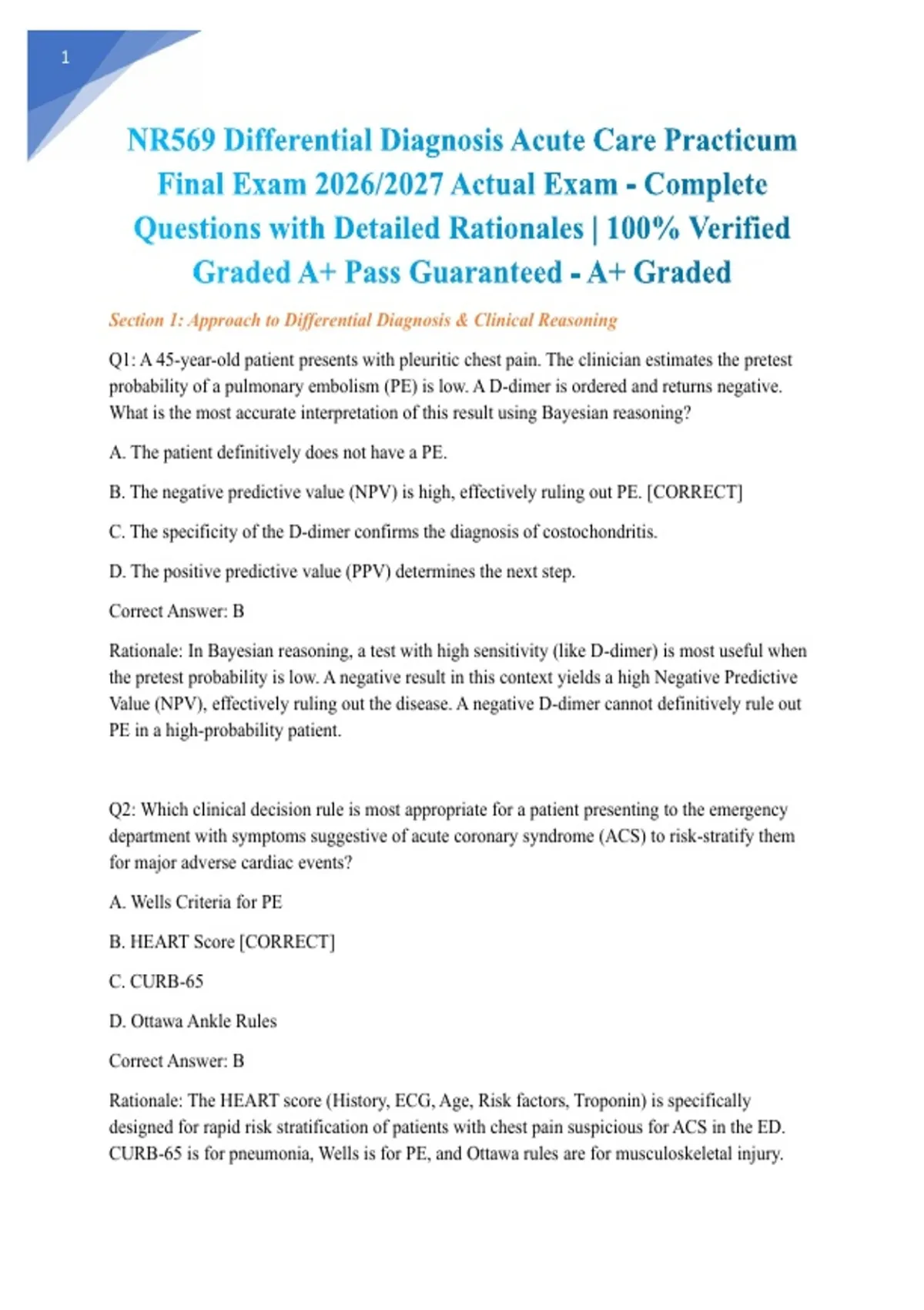 NR569 Differential Diagnosis Acute Care Practicum Final Exam 2026/2027 ...