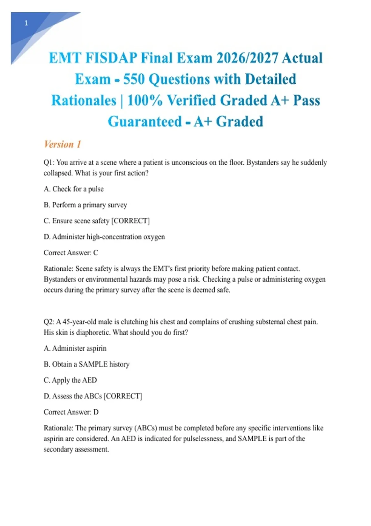 EMT FISDAP Final Exam 2026/2027 Actual Exam - 550 Questions with ...