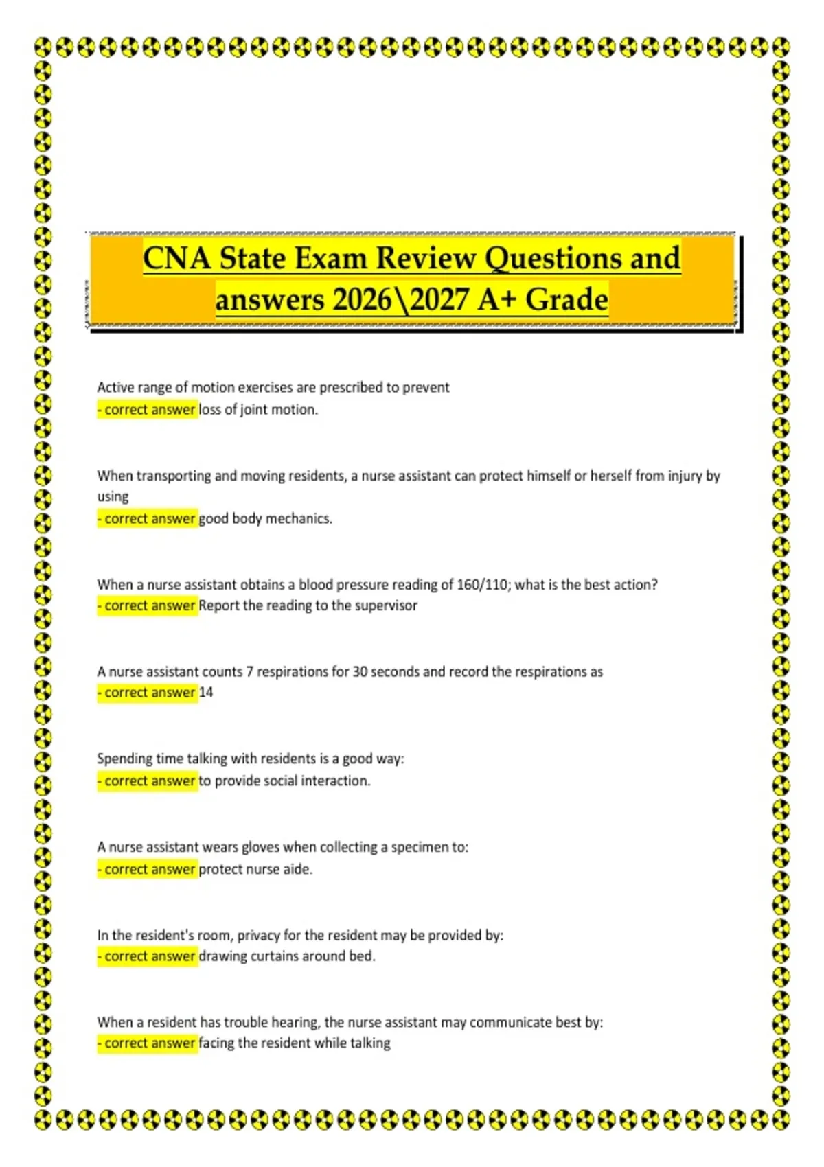 Cna Review.pdf CNA State Exam Review 2026/2027 A+ Grade Questions and Answers ...