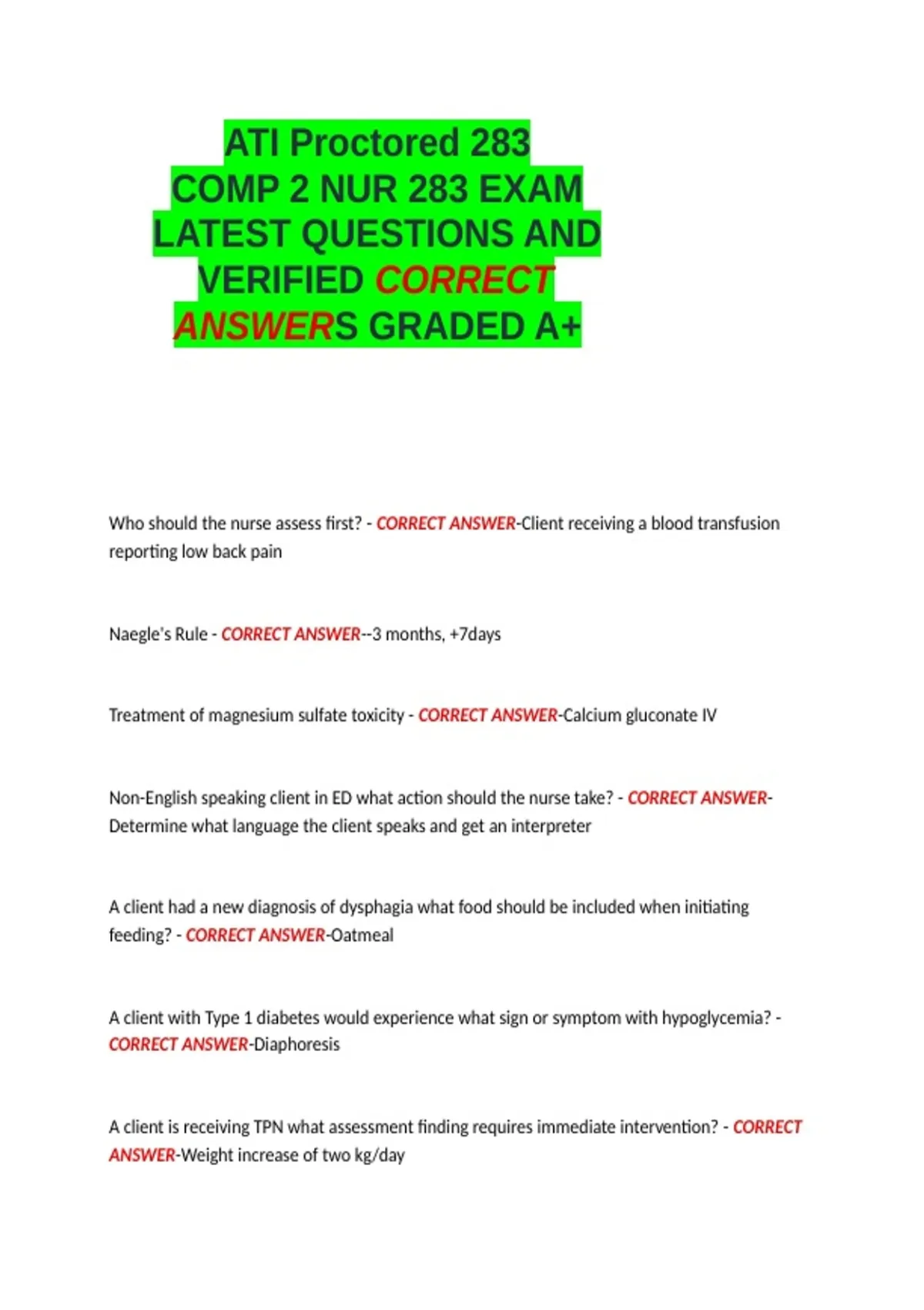 COMP 2 NUR 283 - ATI Proctored 283 EXAM Questions and Answers 2026 ...