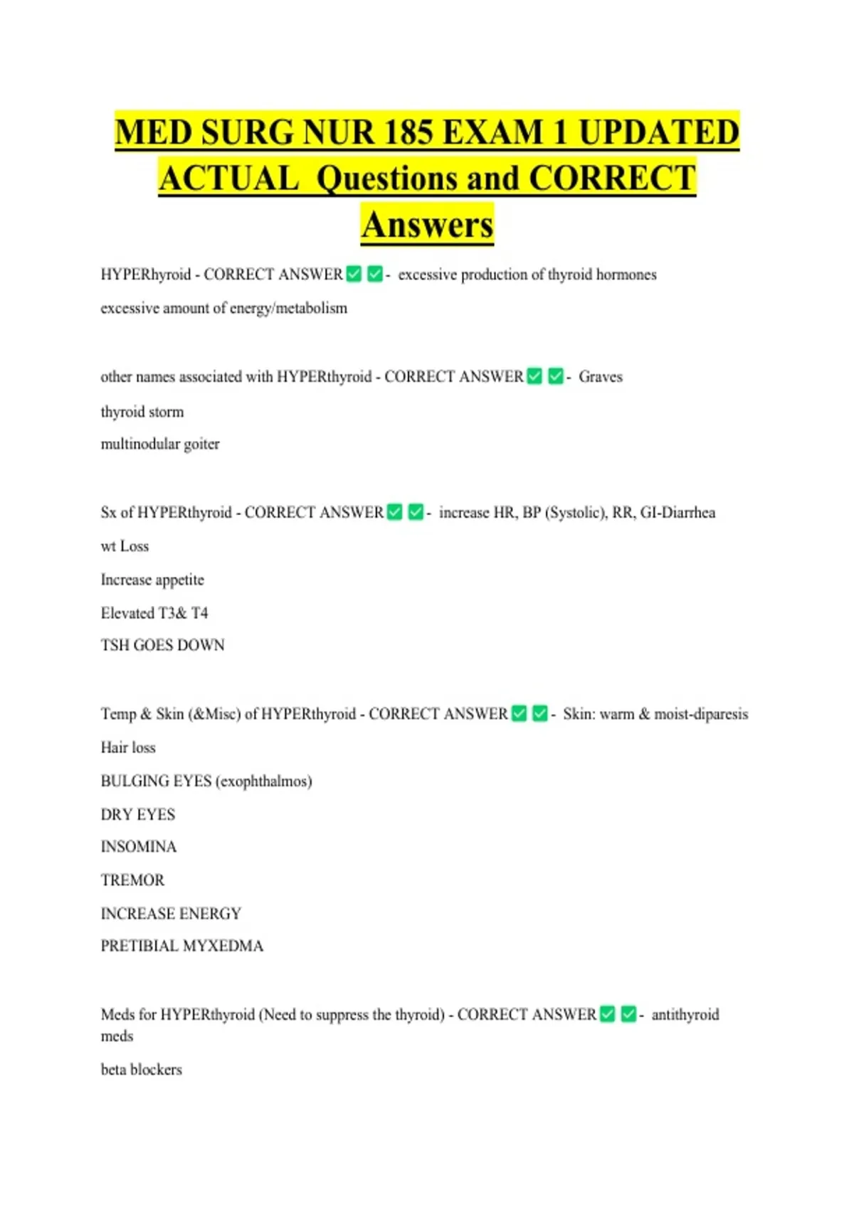 MED SURG NUR 185 EXAM 1 UPDATED ACTUAL Questions and CORRECT Answers ...