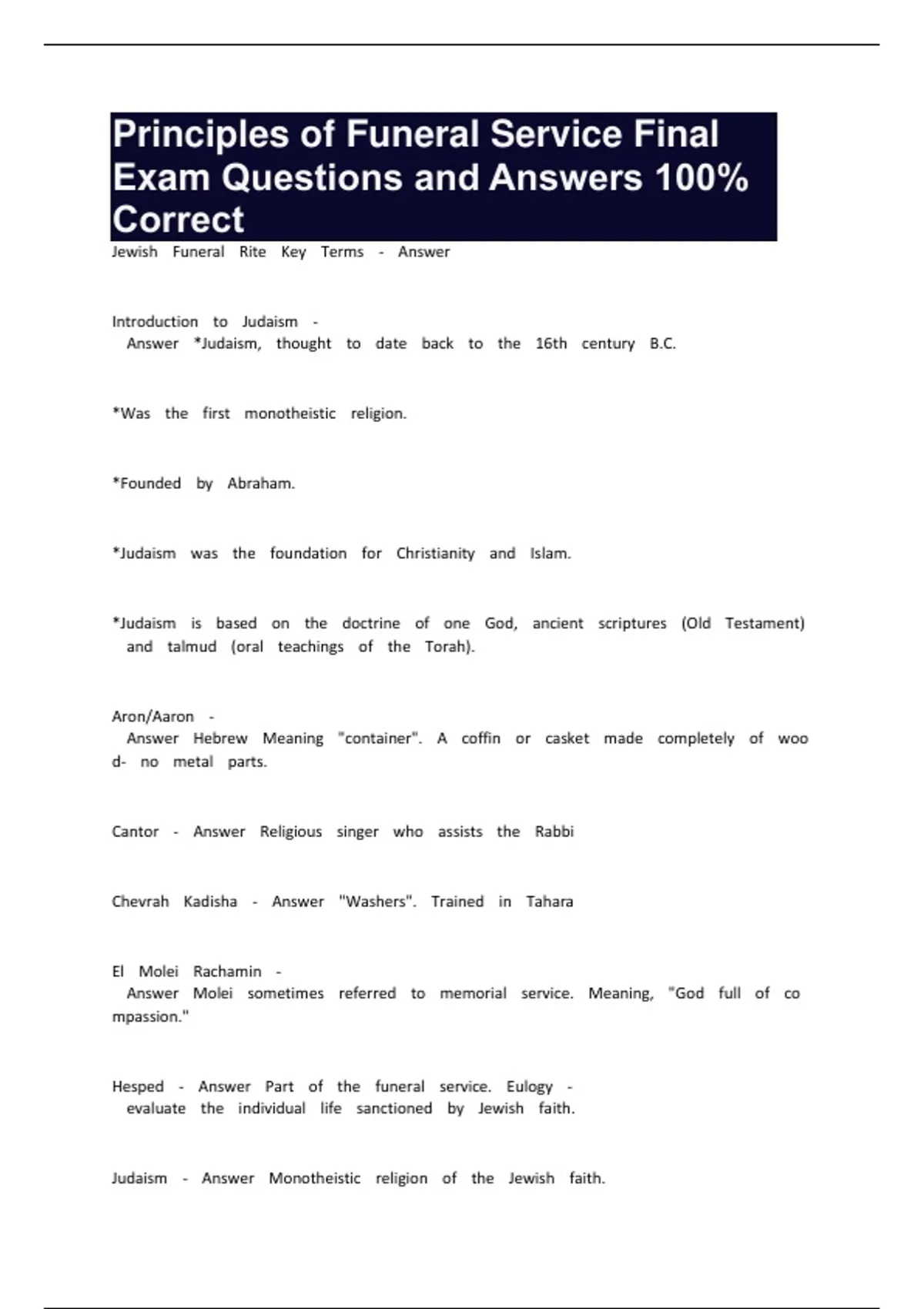 Principles of Funeral Service Final Exam Questions and Answers 100% ...