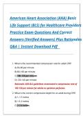 American Heart Association &lpar;AHA&rpar; Basic Life Support &lpar;BLS&rpar; for Healthcare Providers Practice Exam Questions And Correct Answers &lpar;Verified Answers&rpar; Plus Rationales 2026 Q&A