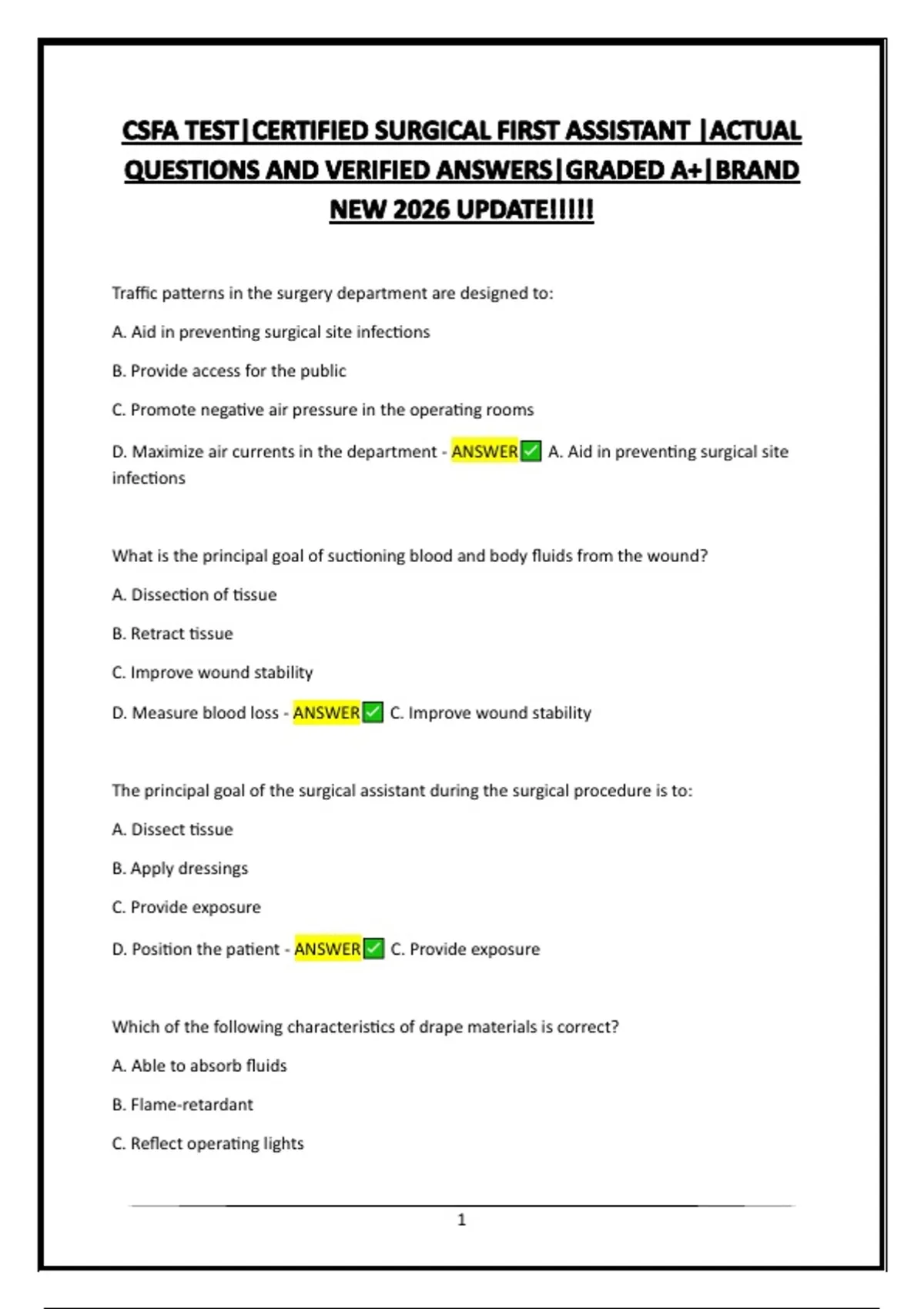 CSFA TEST|CERTIFIED SURGICAL FIRST ASSISTANT |ACTUAL QUESTIONS AND ...