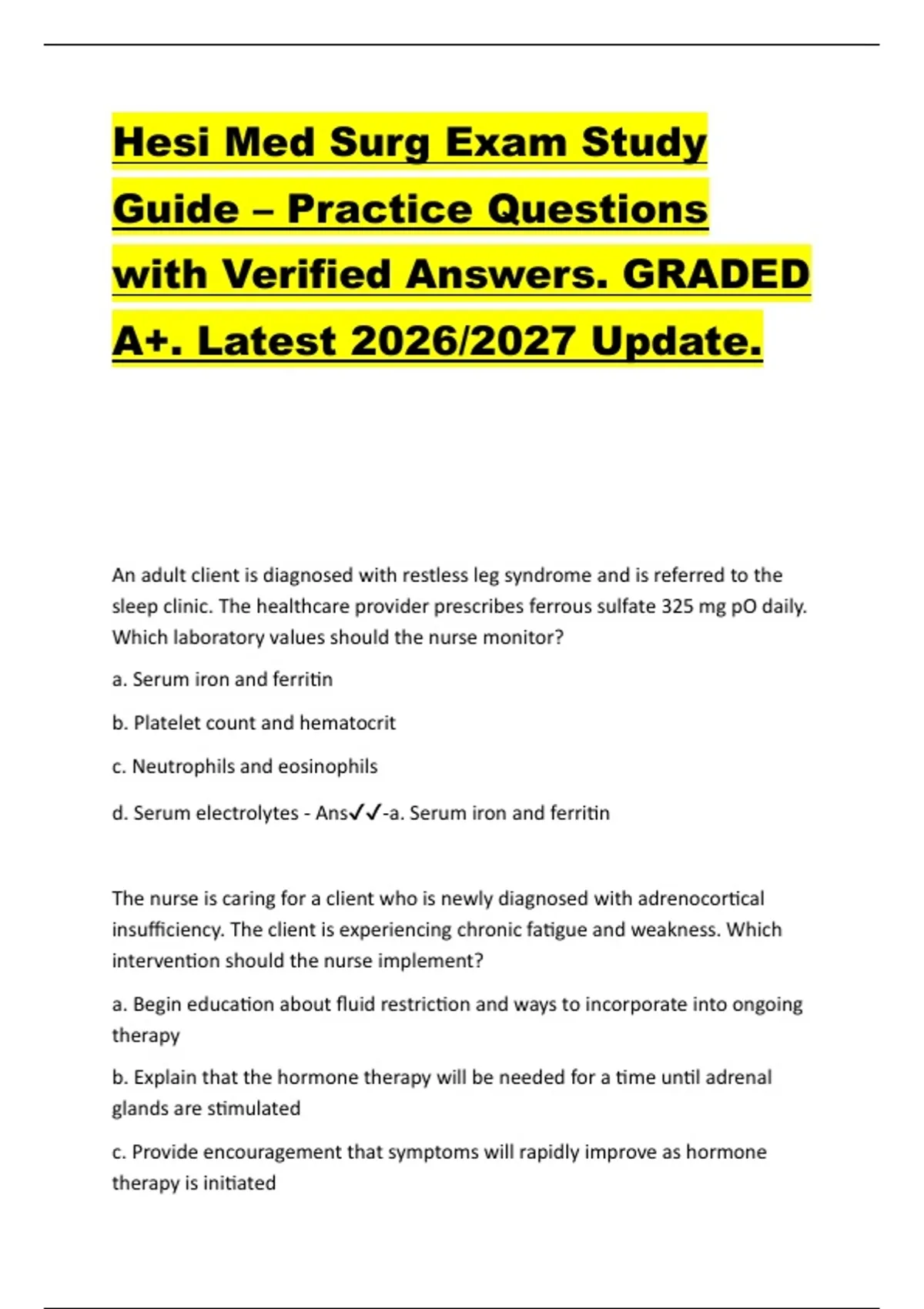 Hesi Med Surg Exam Study Guide – Practice Questions with Verified ...