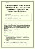 NRNP 6665 Final Exam &vert; 3 Latest Versions A&comma; B & C &vert; Each Version Contains 100 Questions and Correct Detailed Answers &vert; PMHNP & Psychiatric Mental Health Nurse Practitioner Exam Prep PDF