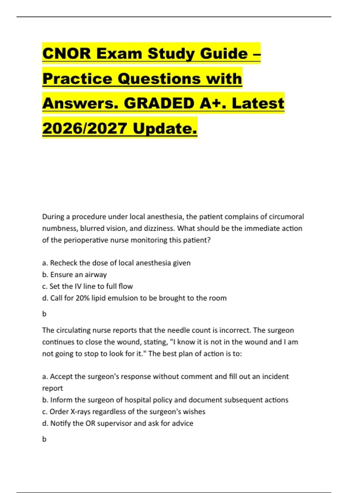 CNOR Exam Study Guide – Practice Questions with Answers. GRADED A+ ...