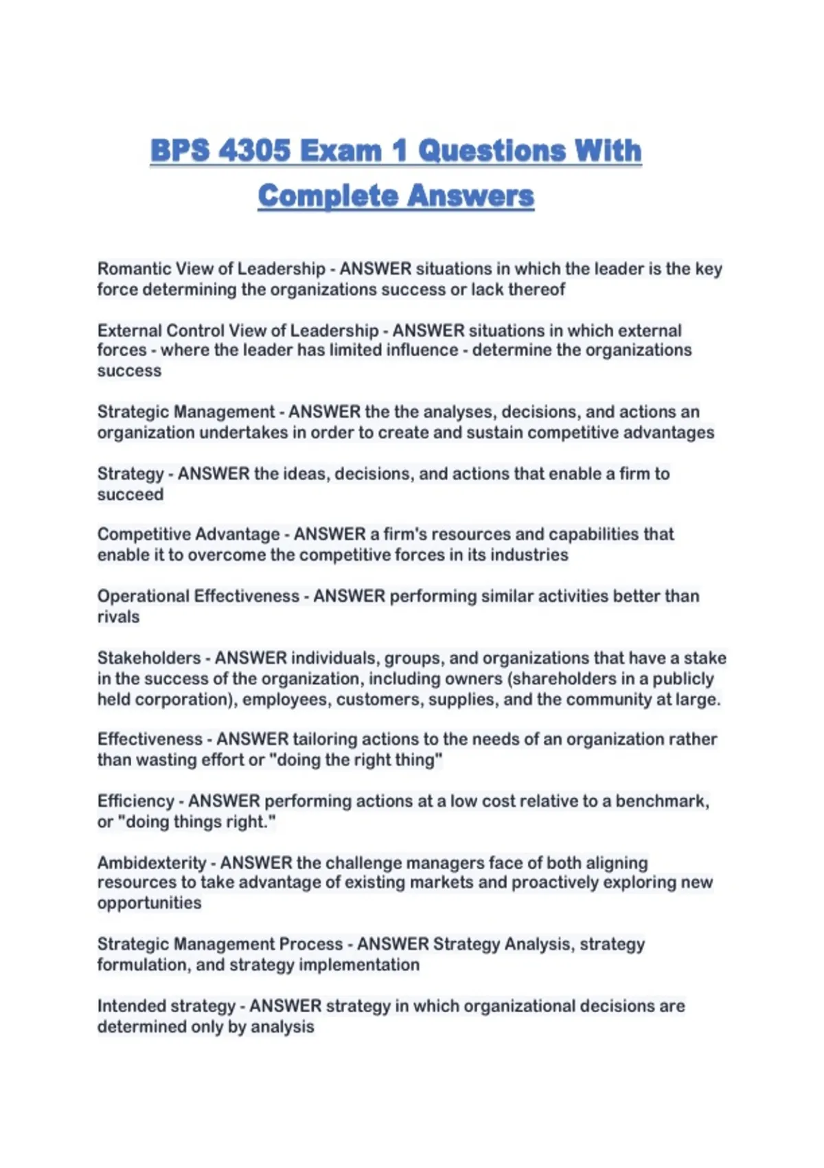 BPS 4305 Exam 1 Questions With Complete Answers - BPS 4305 - Stuvia US