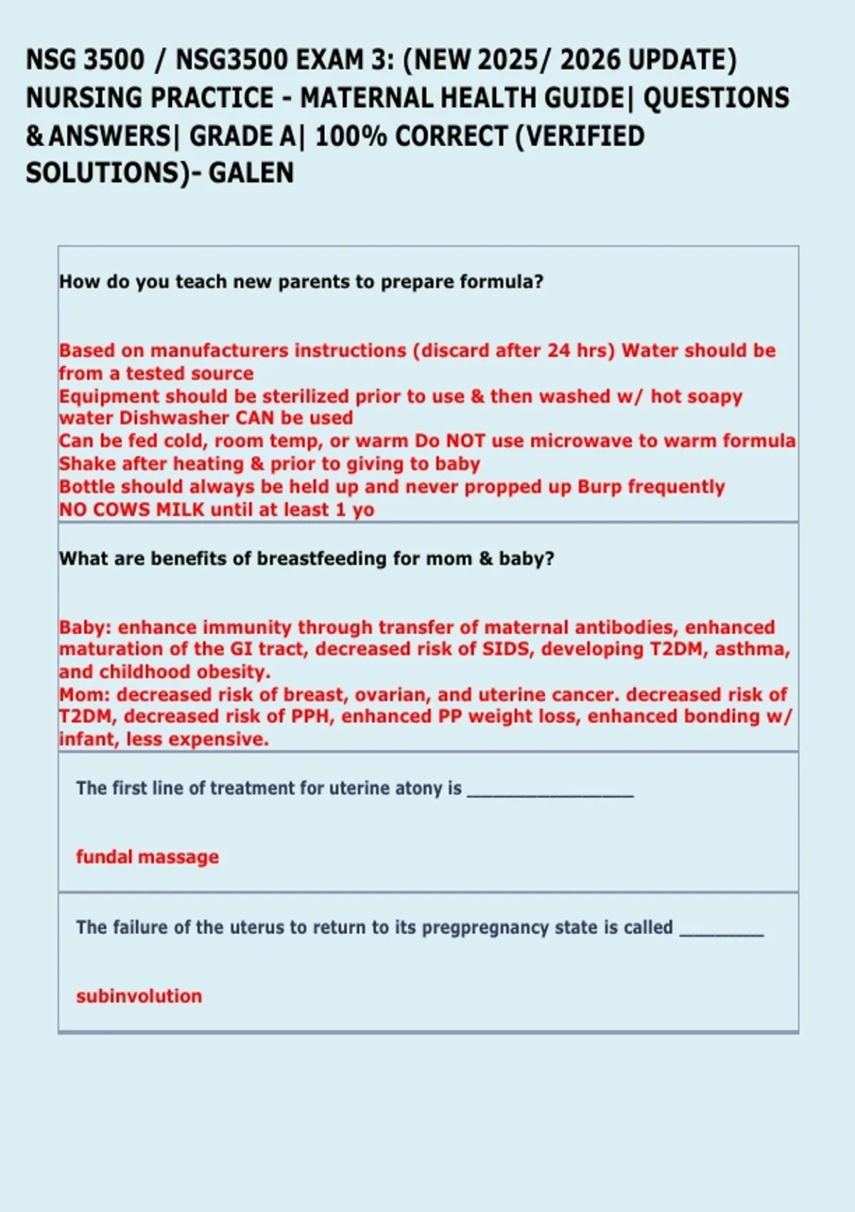 NSG 3500 (Maternal) Exam - Stuvia US