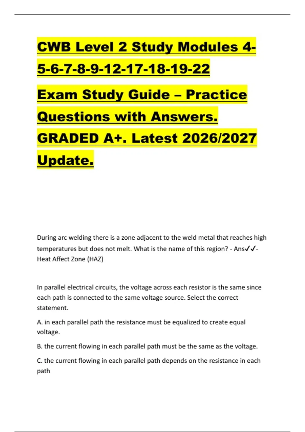 CWB Level 2 Study Modules 4 5-6-7-8--22 Exam Study Guide – Practice ...