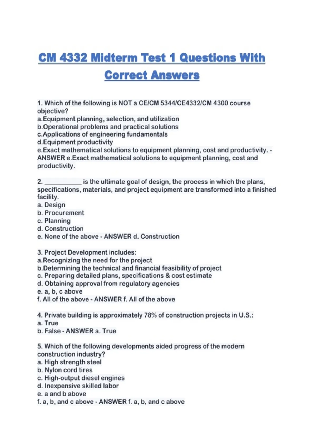CM 4332 Midterm Test 1 Questions With Correct Answers - CM 4332 - Stuvia US