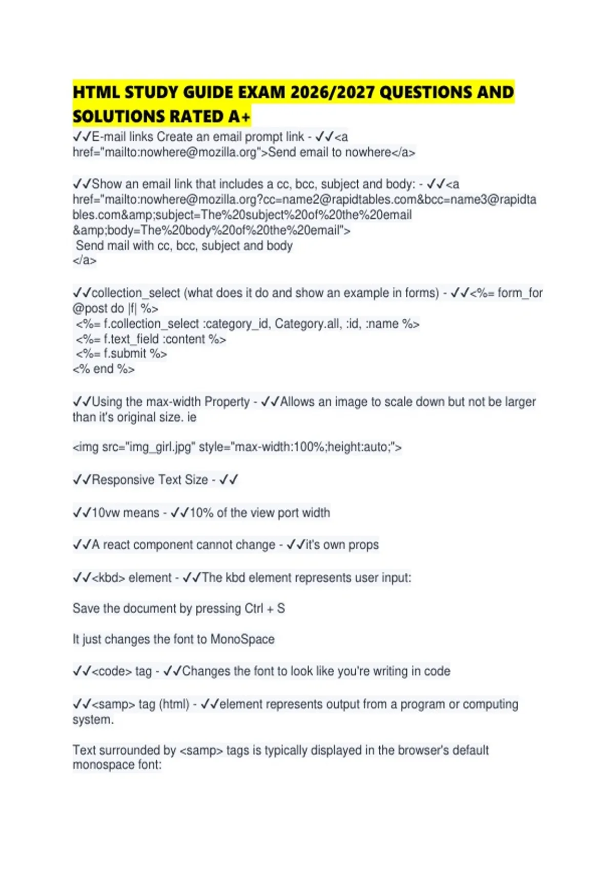 HTML STUDY GUIDE EXAM 2026/2027 QUESTIONS AND SOLUTIONS RATED A+ - HTML ...