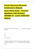 Florida Electrical Business  &lpar;Contractor's Manual&rpar;   Exam Study Guide &ndash; Practice  Questions with Answers&period;  GRADED A&plus;&period; Latest 2026&sol;2027  Update&period;  