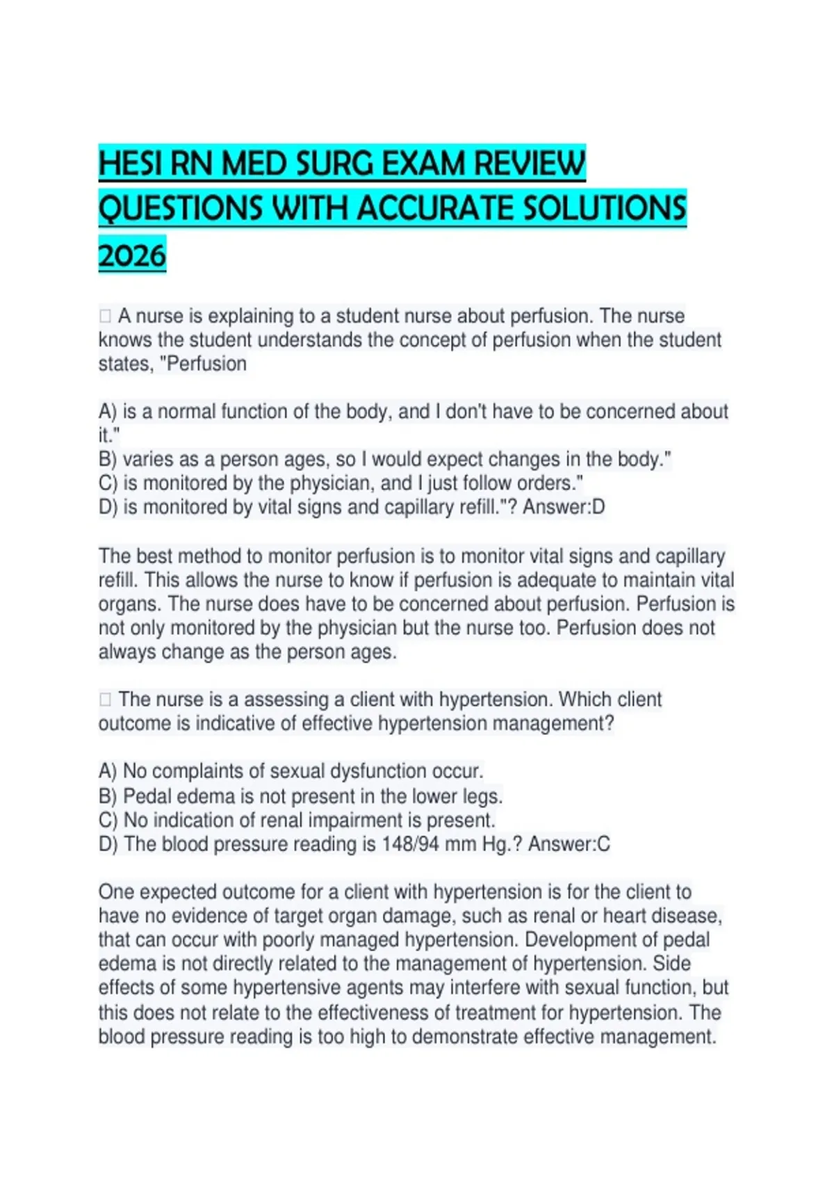 HESI RN MED SURG EXAM REVIEW QUESTIONS WITH ACCURATE SOLUTIONS 2026 ...