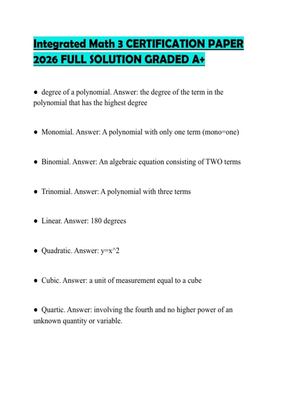Math Integrated Math 3 Integrated Math 3 CERTIFICATION PAPER 2026 FULL SOLUTION GRADED A+ ...