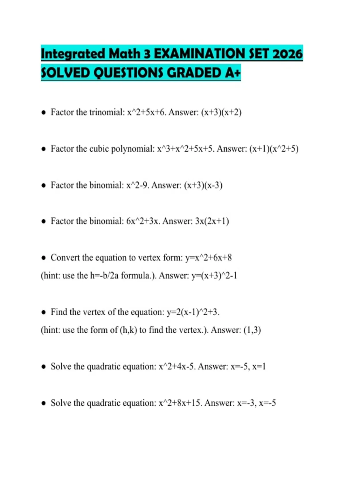 Integrated Math 3 EXAMINATION SET 2026 SOLVED QUESTIONS GRADED A ...