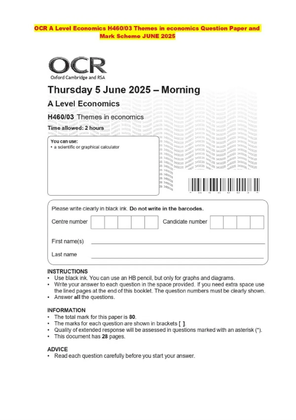OCR A Level Economics H460/03 Themes in economics Question Paper and ...