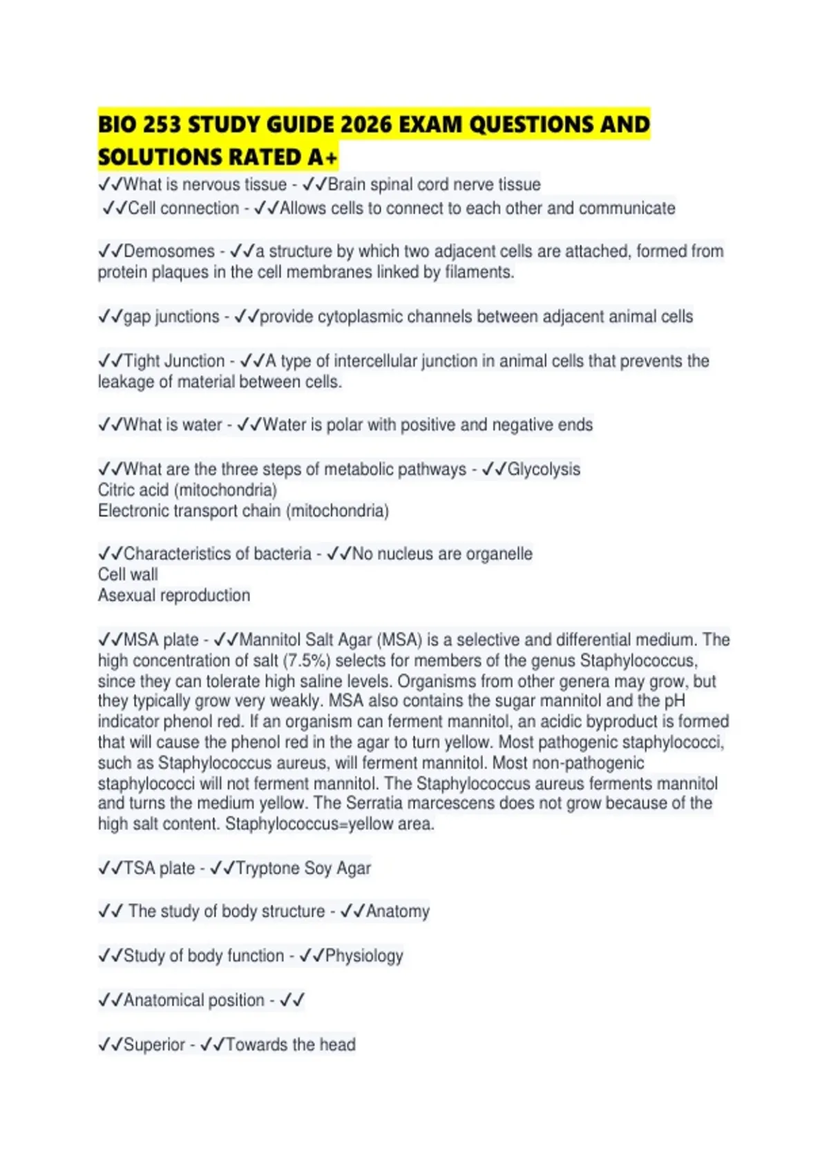 BIO 253 STUDY GUIDE 2026 EXAM QUESTIONS AND SOLUTIONS RATED - BIO 253 ...