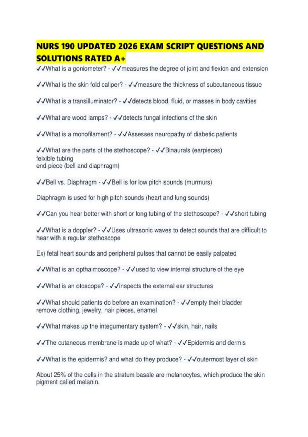 NURS 190 UPDATED 2026 EXAM SCRIPT QUESTIONS AND SOLUTIONS RATED - NURS ...