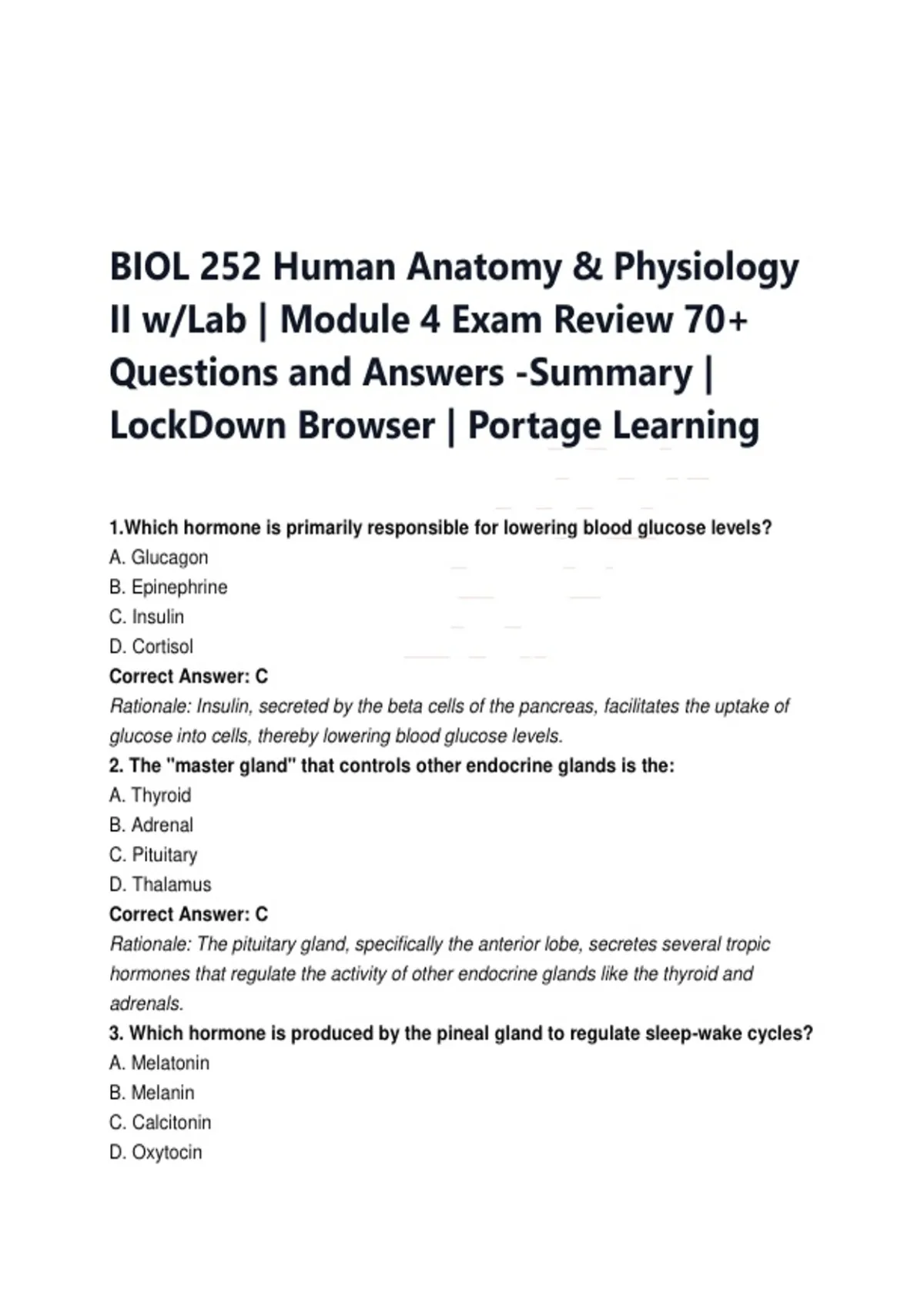 BIOL 252 Human Anatomy & Physiology II w/Lab | Module 4 Exam Review 70 ...