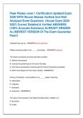 Peak Pilates Level 1 Certification Updated Exam  2026 WITH Recent Newest Verified And Well  Analyzed Exam Questions  &lpar;Actual Exam 2026 2027&rpar; Correct Detailed & Verified ANSWERS  &lpar;100&percnt; Accurate Solutions&rpar; ALREADY GRADED  A&plus;&vert;&vert;NEWEST VERSION Of The Exam Guar