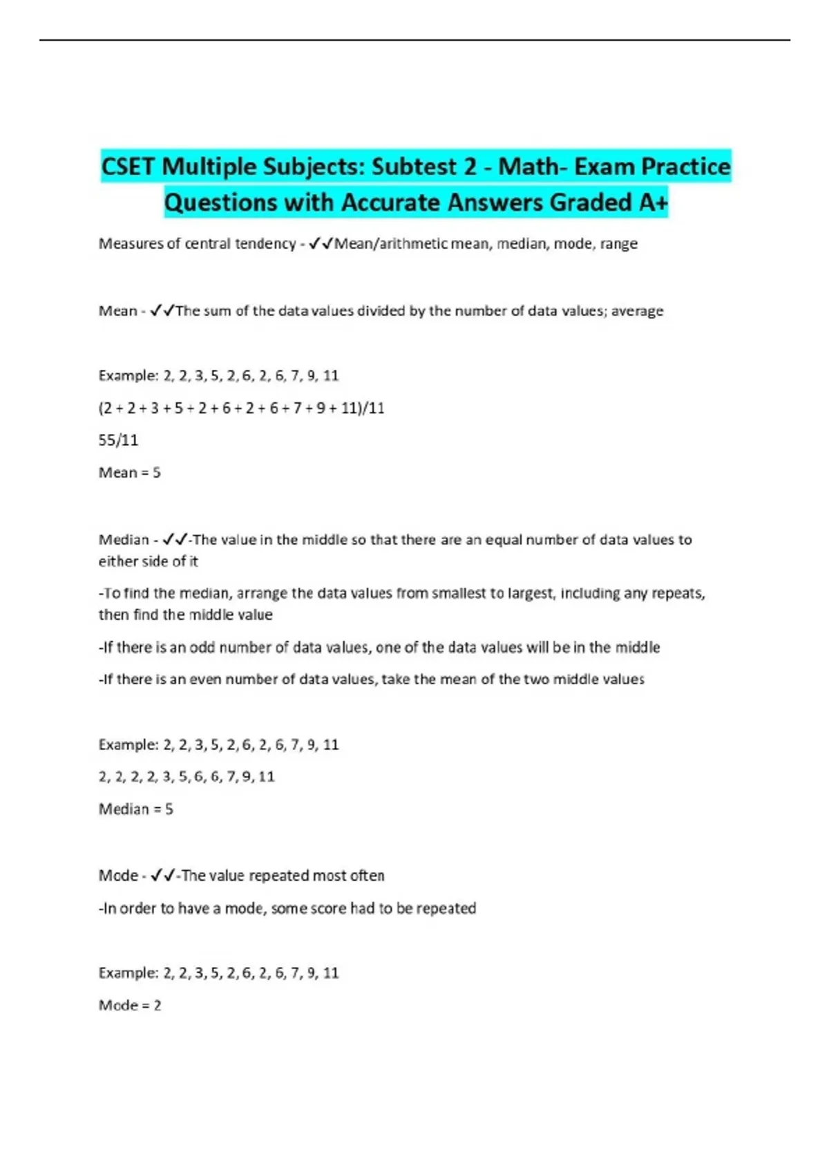 CSET Multiple Subjects: Subtest 2 - Math- Exam Practice Questions with ...