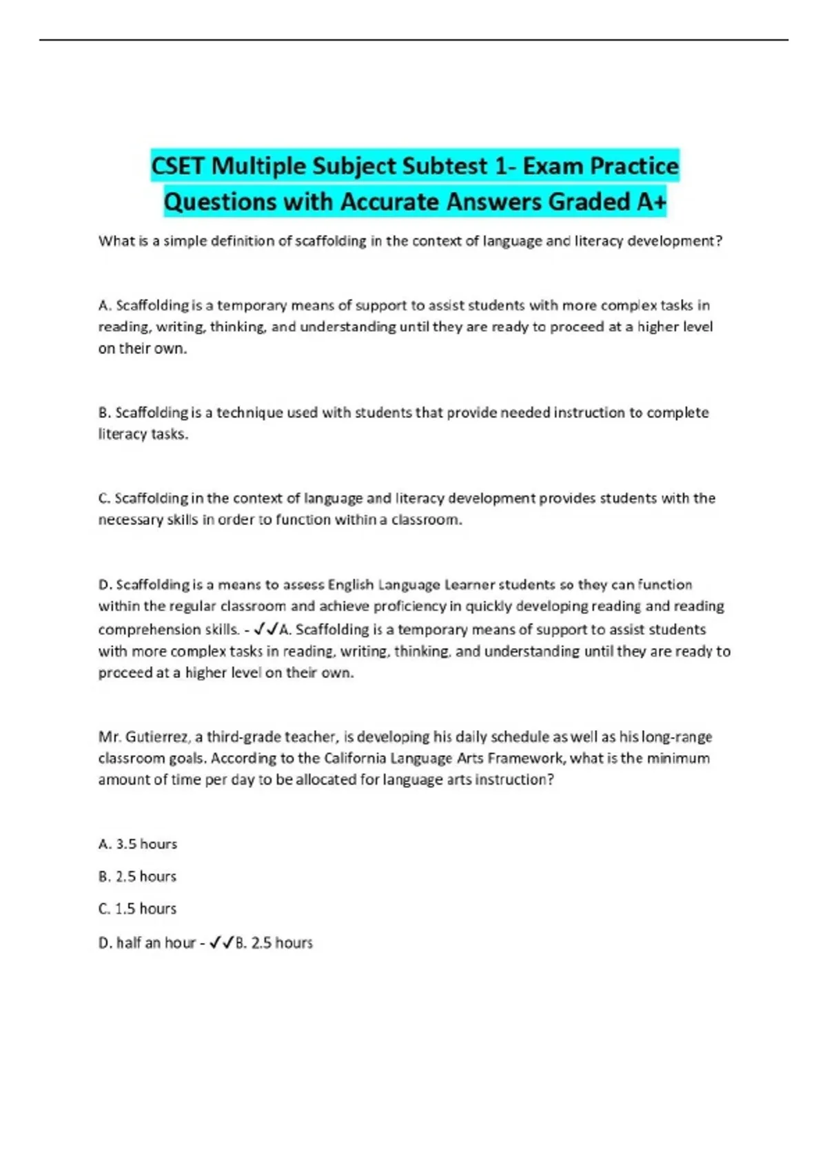 CSET Multiple Subject Subtest 1- Exam Practice Questions with Accurate ...