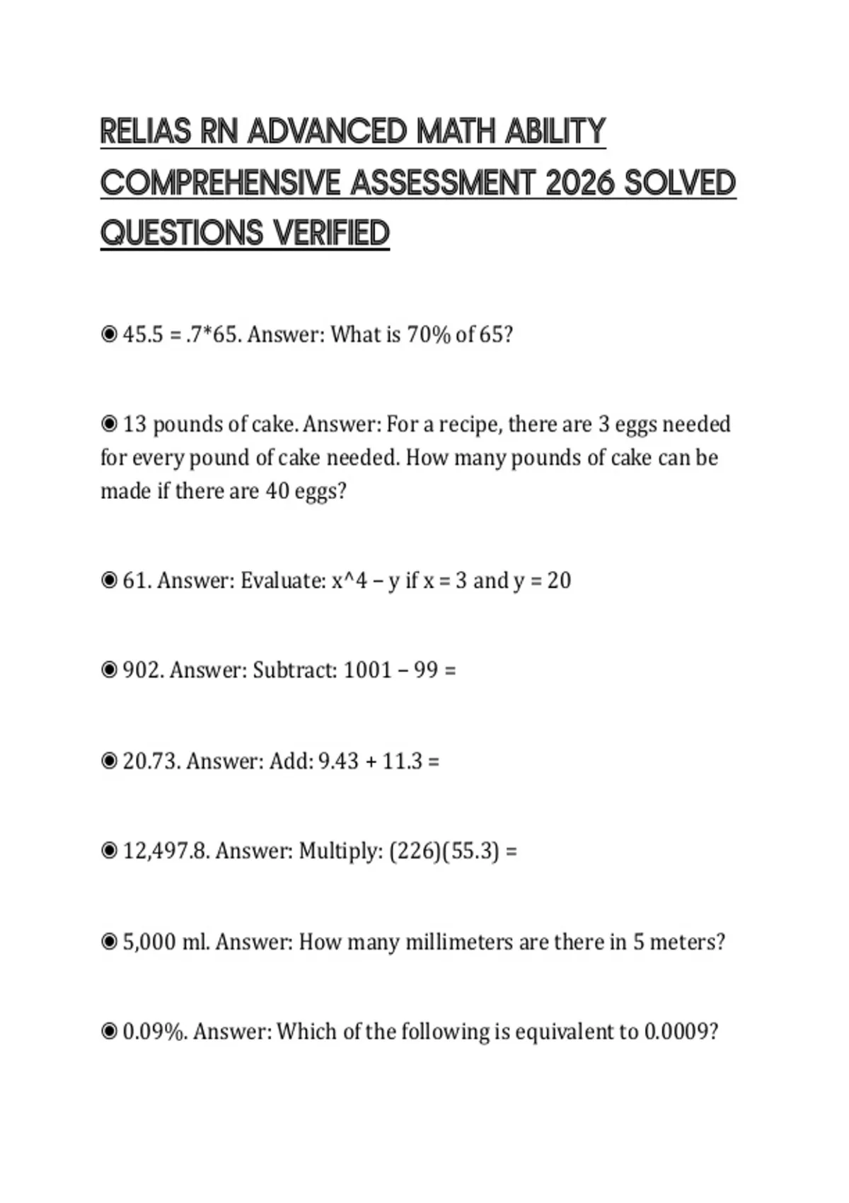 Comprehensive Math Abilities Test RELIAS RN ADVANCED MATH ABILITY COMPREHENSIVE ASSESSMENT 2026 SOLVED ...