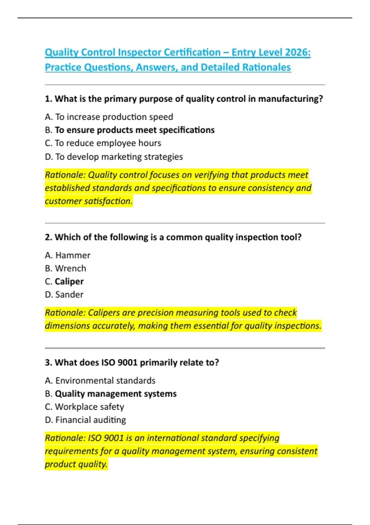 Quality Control Inspector Certification – Entry Level 2026: Practice ...