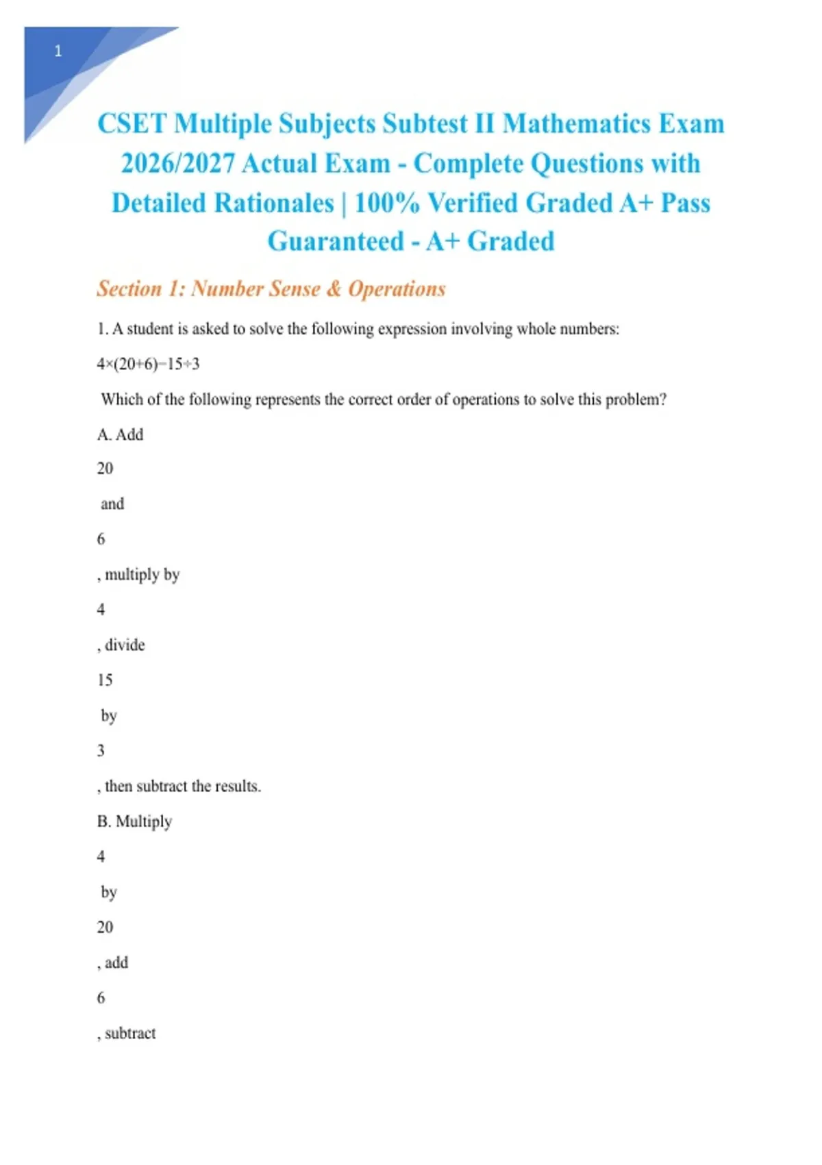 CSET Multiple Subjects Subtest II Mathematics Exam 2026/2027 Actual ...