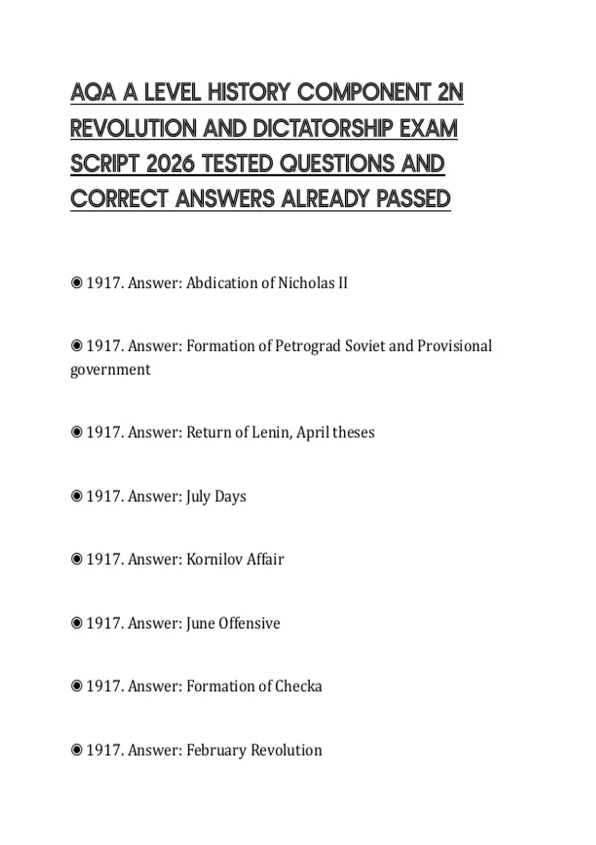 AQA A LEVEL HISTORY COMPONENT 2N REVOLUTION AND DICTATORSHIP EXAM ...