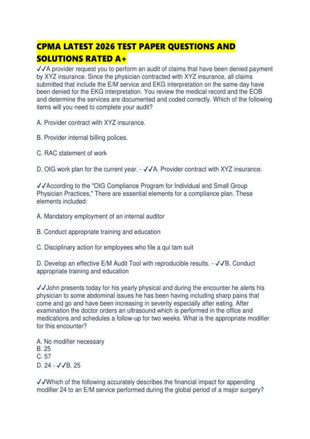 CPMA LATEST 2026 TEST PAPER QUESTIONS AND SOLUTIONS RATED - CPMA ...
