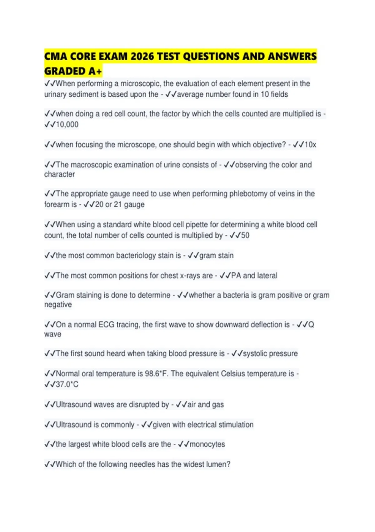 CMA CORE EXAM 2026 TEST QUESTIONS AND ANSWERS GRADED - CWTI - Stuvia US