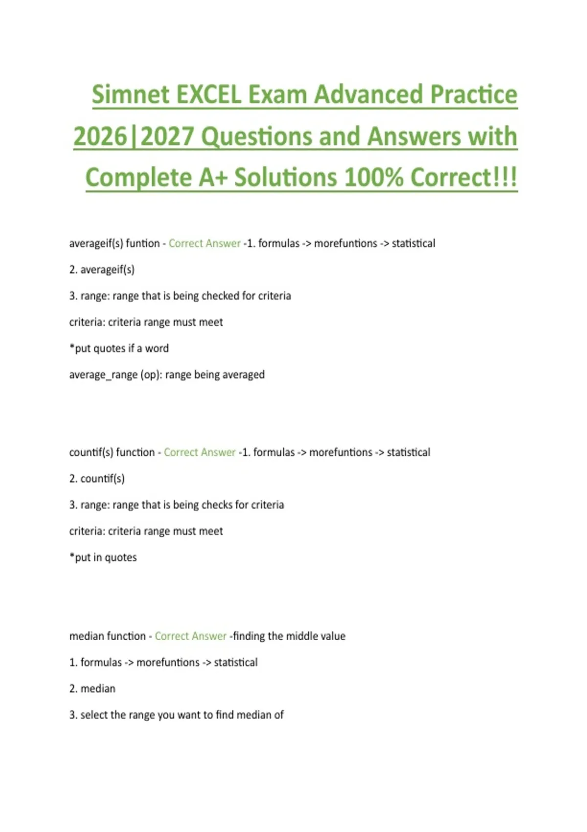Simnet EXCEL Exam Advanced Practice 2026|2027 Questions and Answers ...