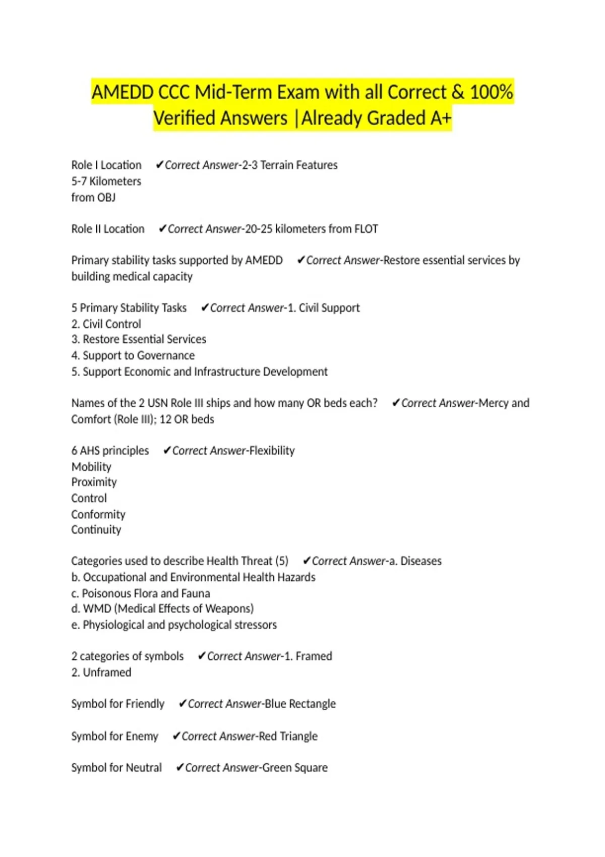 AMEDD CCC Mid-Term Exam with all Correct & 100% Verified Answers ...