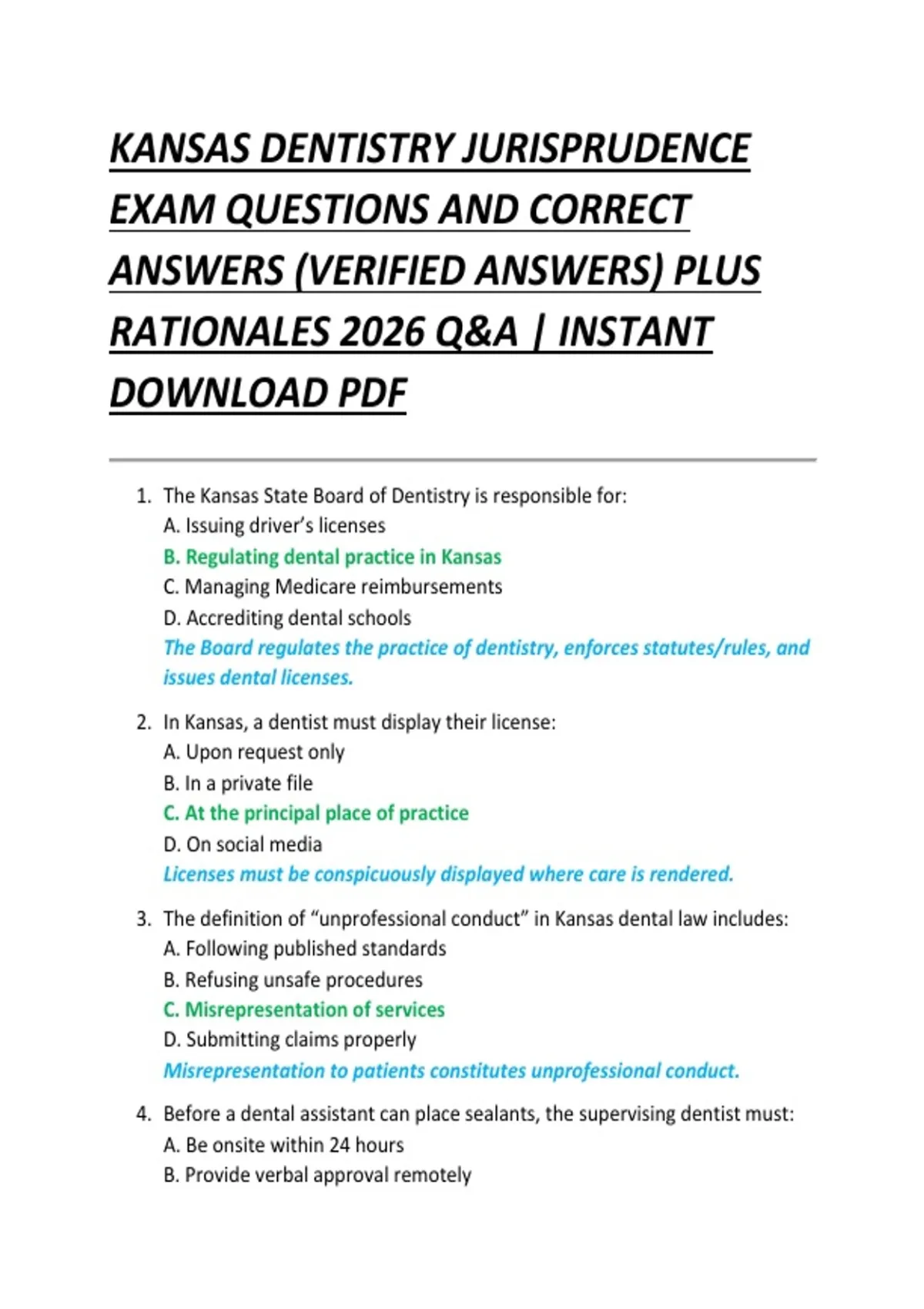 KANSAS DENTISTRY JURISPRUDENCE EXAM QUESTIONS AND CORRECT ANSWERS ...
