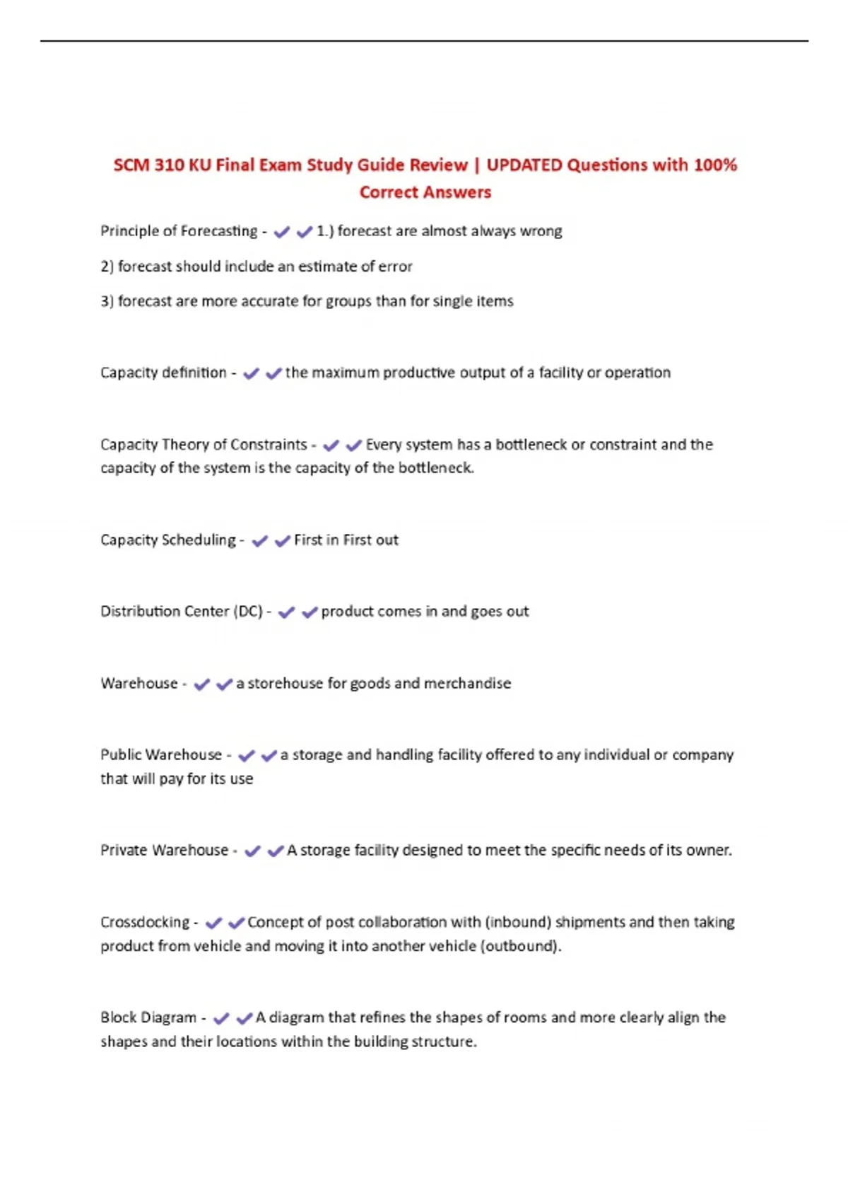 SCM 310 KU Final Exam Study Guide Review | UPDATED Questions with 100% ...