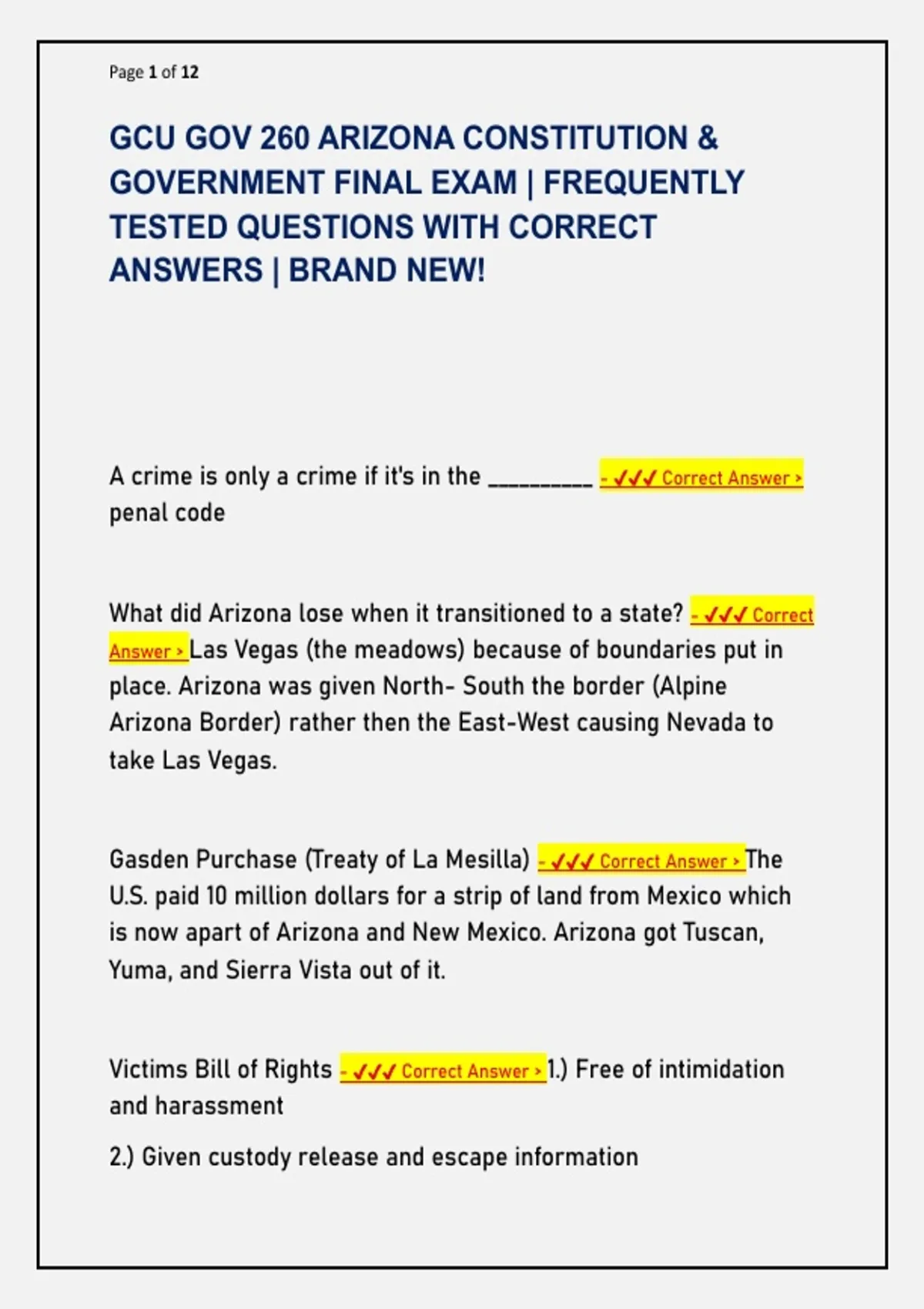 GCU GOV 260 ARIZONA CONSTITUTION & GOVERNMENT FINAL EXAM | FREQUENTLY TESTED QUESTIONS WITH ...