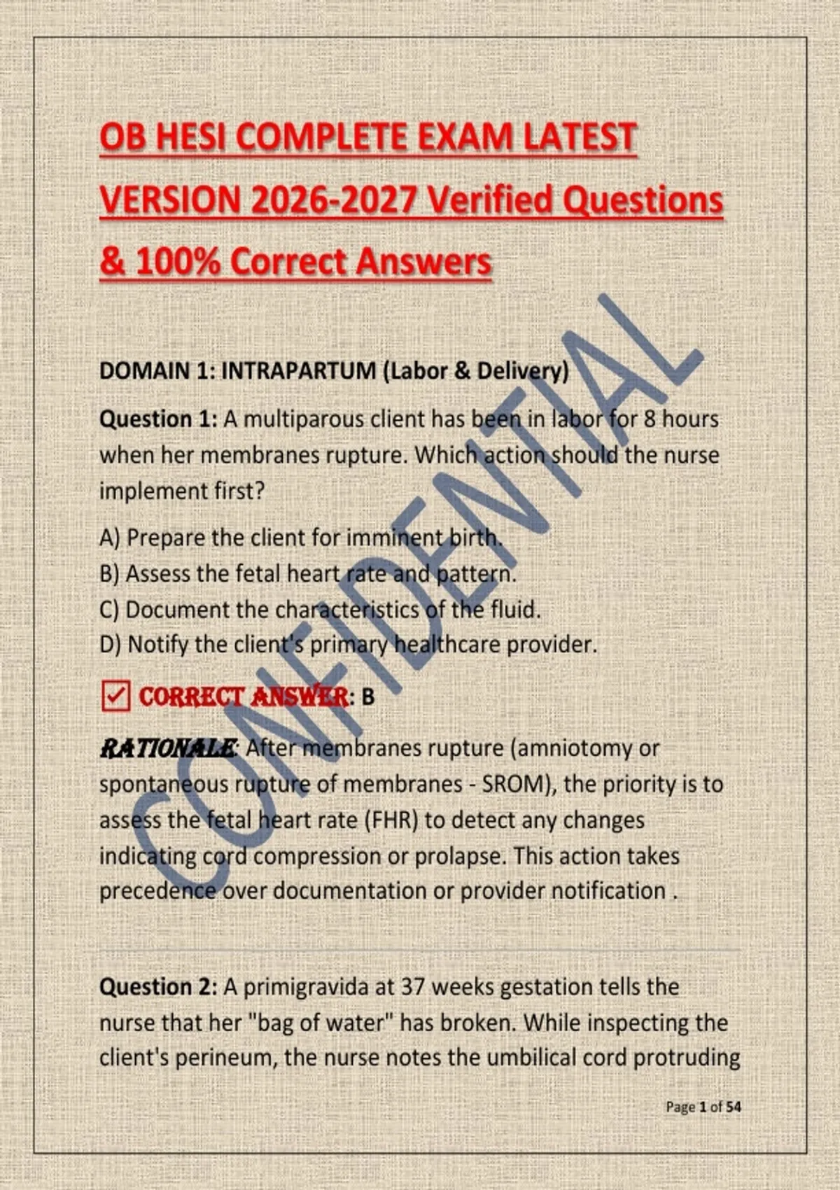 OB HESI COMPLETE EXAM LATEST VERSION Verified Questions & 100% Correct ...