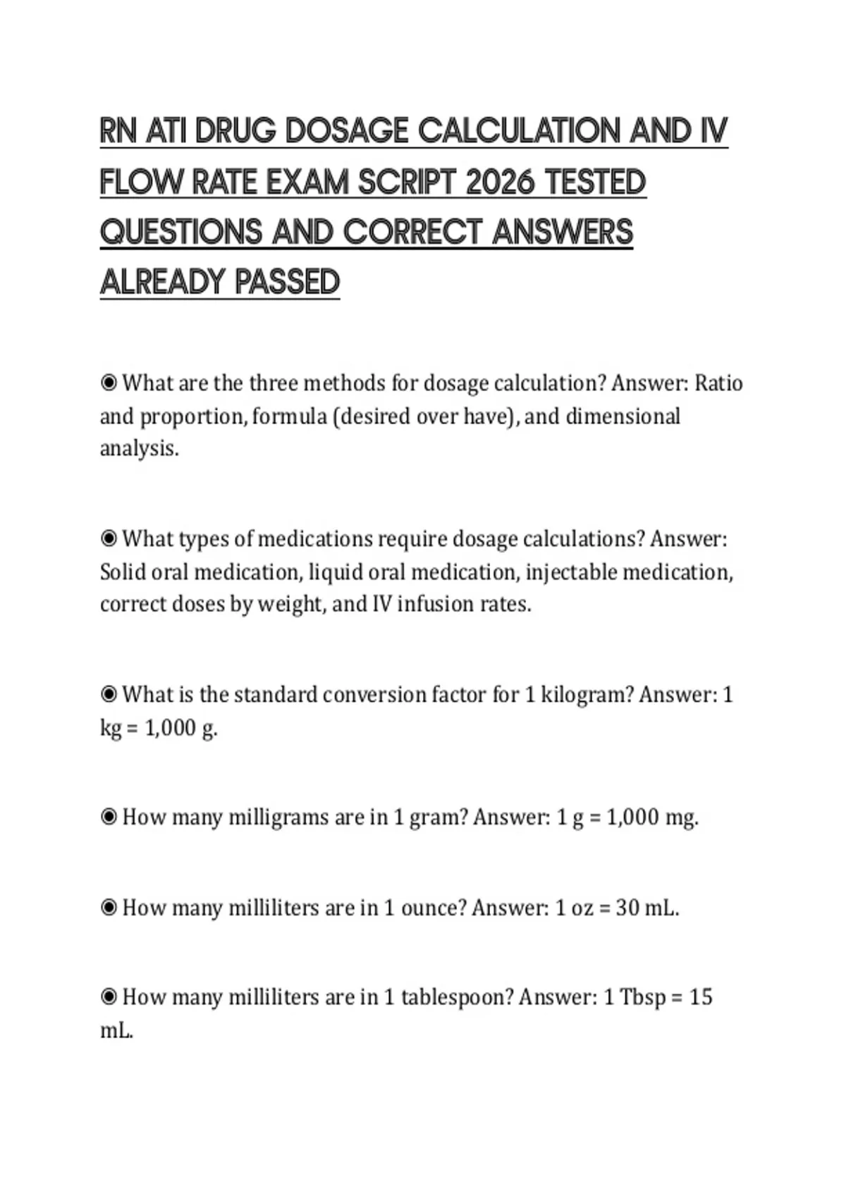 RN ATI DRUG DOSAGE CALCULATION AND IV FLOW RATE EXAM SCRIPT 2026 TESTED ...