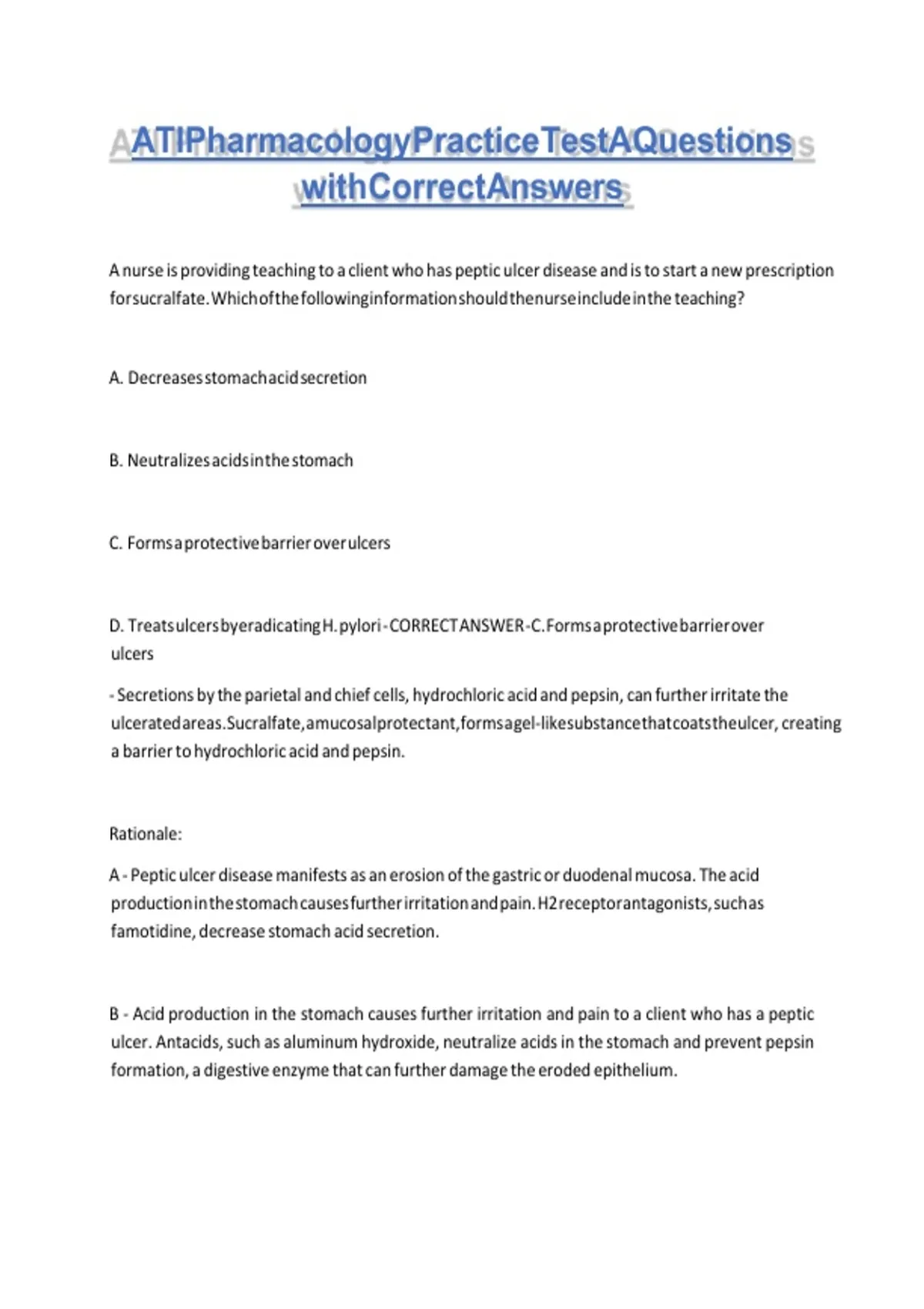 ATI Pharmacology Practice Test A Questions with Correct Answers. - ATI ...