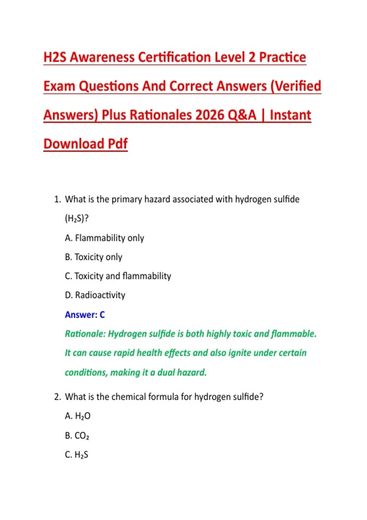 H2S Awareness Certification Level 2 Practice Exam Questions And Correct ...