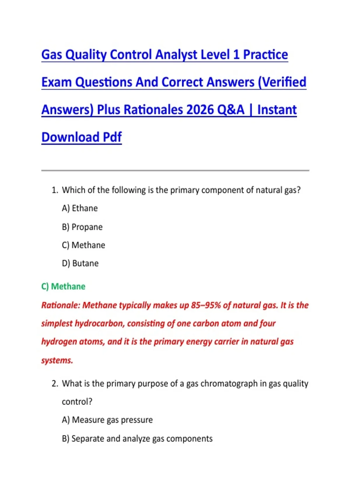 Gas Quality Control Analyst Level 1 Practice Exam Questions And Correct ...