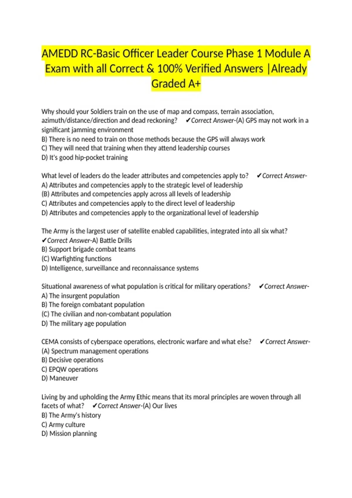 Amedd Rdm AMEDD RC-Basic Officer Leader Course Phase 1 Module A Exam with all ...