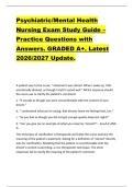 Psychiatric&sol;Mental Health  Nursing Exam Study Guide &ndash;  Practice Questions with  Answers&period; GRADED A&plus;&period; Latest  2026&sol;2027 Update&period; 