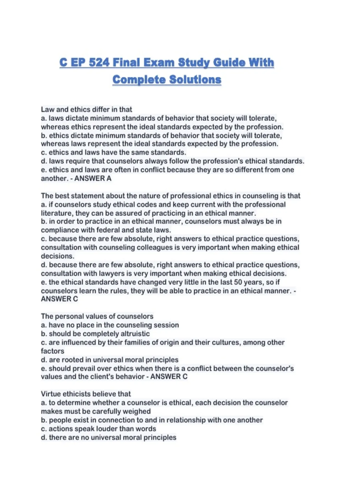 The Final Solution Example C EP 524 Final Exam Study Guide With Complete Solutions - C EP 524 ...