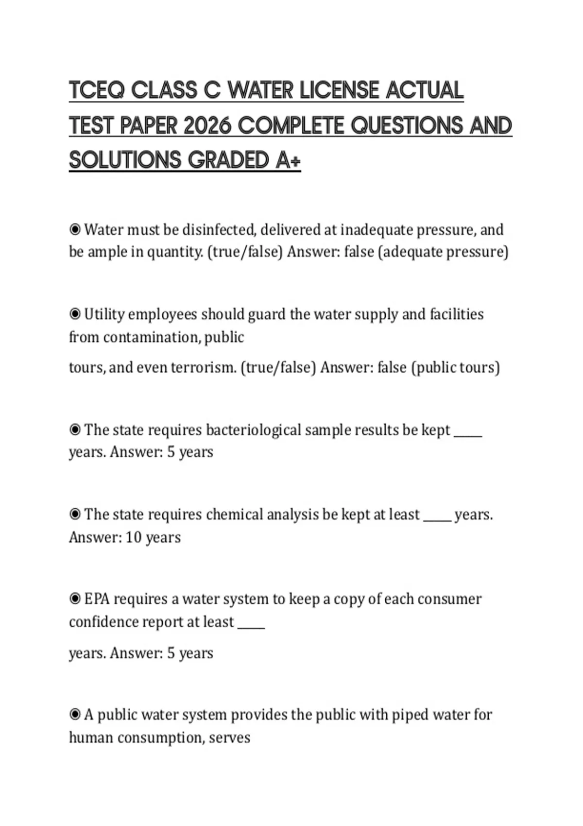 TCEQ CLASS C WATER LICENSE ACTUAL TEST PAPER 2026 COMPLETE QUESTIONS AND SOLUTIONS GRADED A+ ...