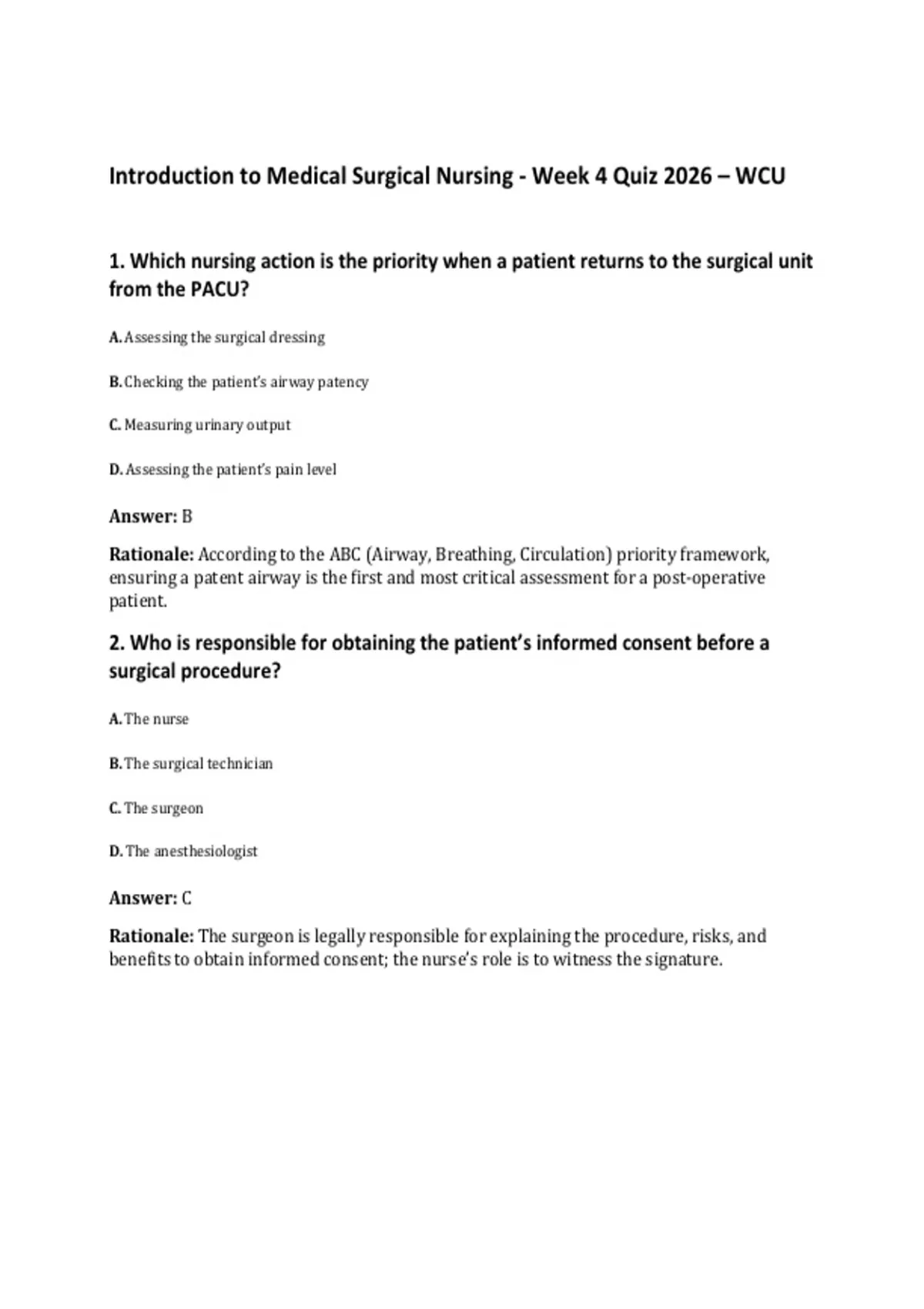 Introduction to Medical Surgical Nursing - Week 4 Quiz 2026 – WCU ...