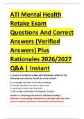 ATI Mental Health  Retake Exam  Questions And Correct  Answers &lpar;Verified  Answers&rpar; Plus  Rationales 2026&sol;2027  Q&A &vert; Instant 
